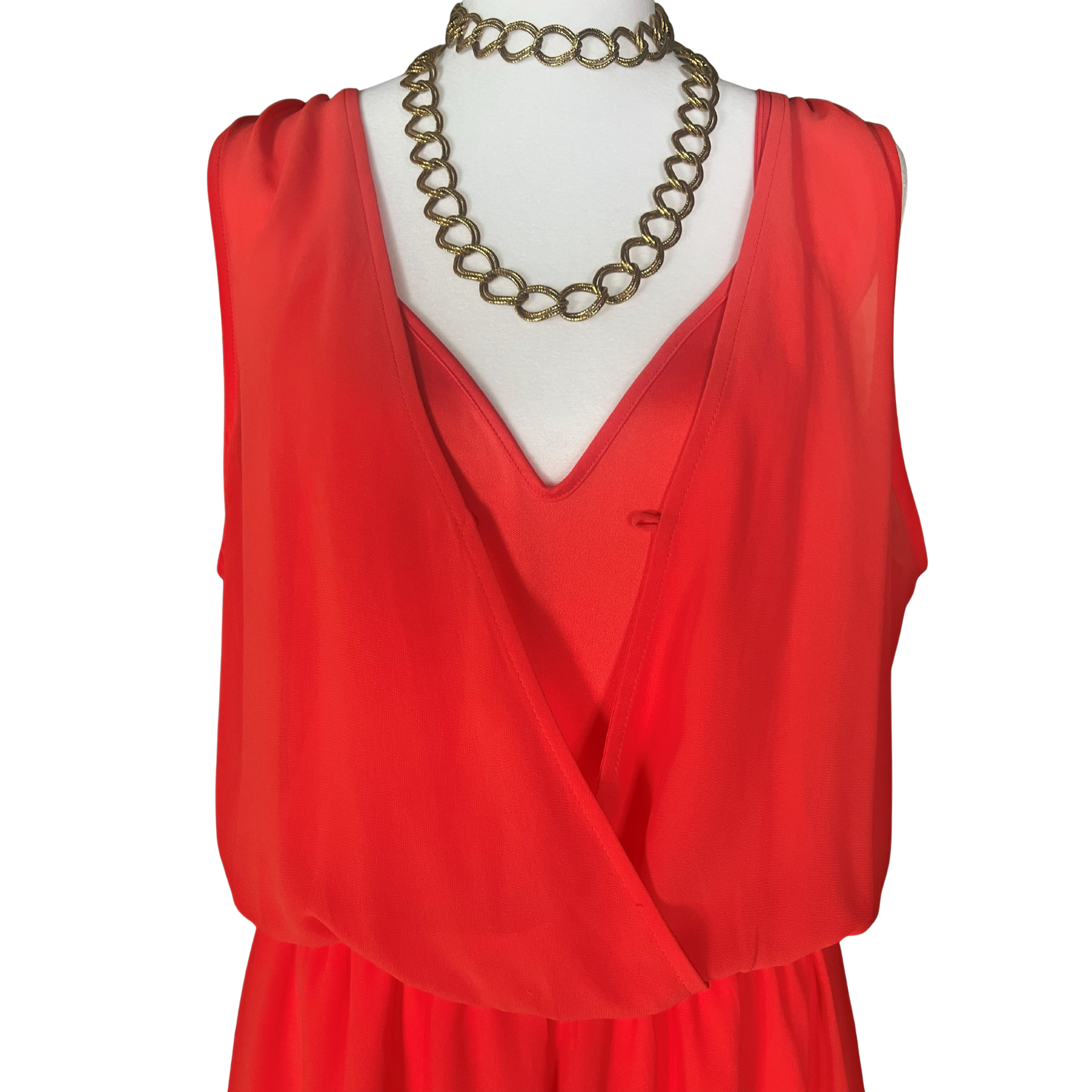(XL) ASTR THE LABEL Sleeveless Coral Romper, Lined + Gold Chain